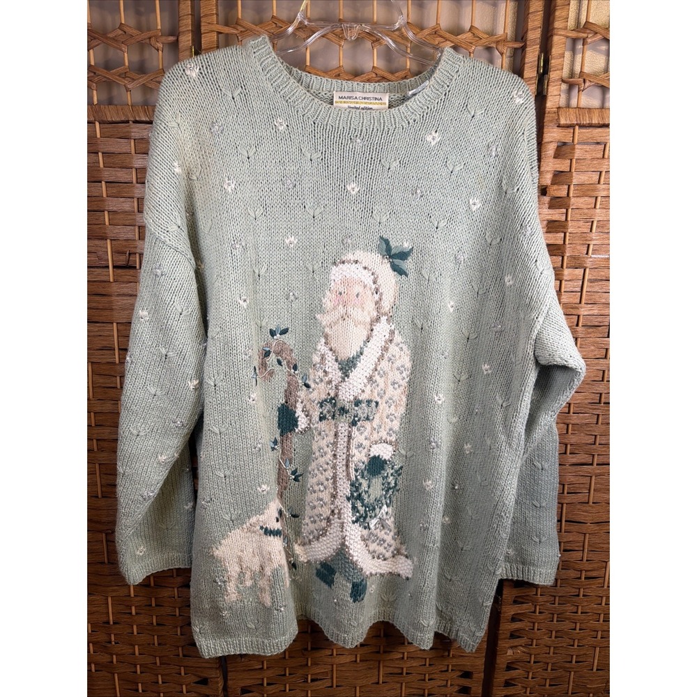 VTG Marisa Sage Green Christina Sweater Womens Large Christmas Santa Holiday 90s